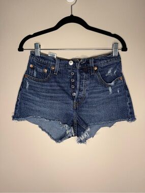 Levi's Dark Blue Button-Fly Distressed Jean Shorts